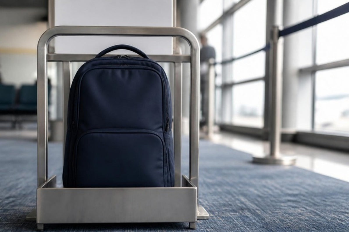 Sac à dos cabine placé dans un gabarit à bagages avant l'embarquement Image