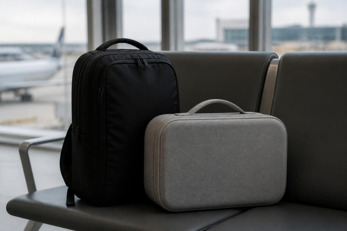 Sacoche de matériel médical posée à côté d'un sac à dos cabine à l'aéroport