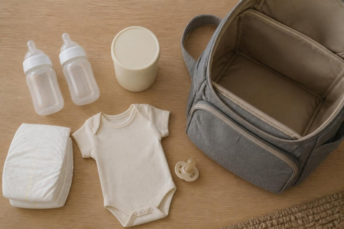 Biberons, lait, couches et body préparés à côté d'un sac à dos pour voyager avec bébé