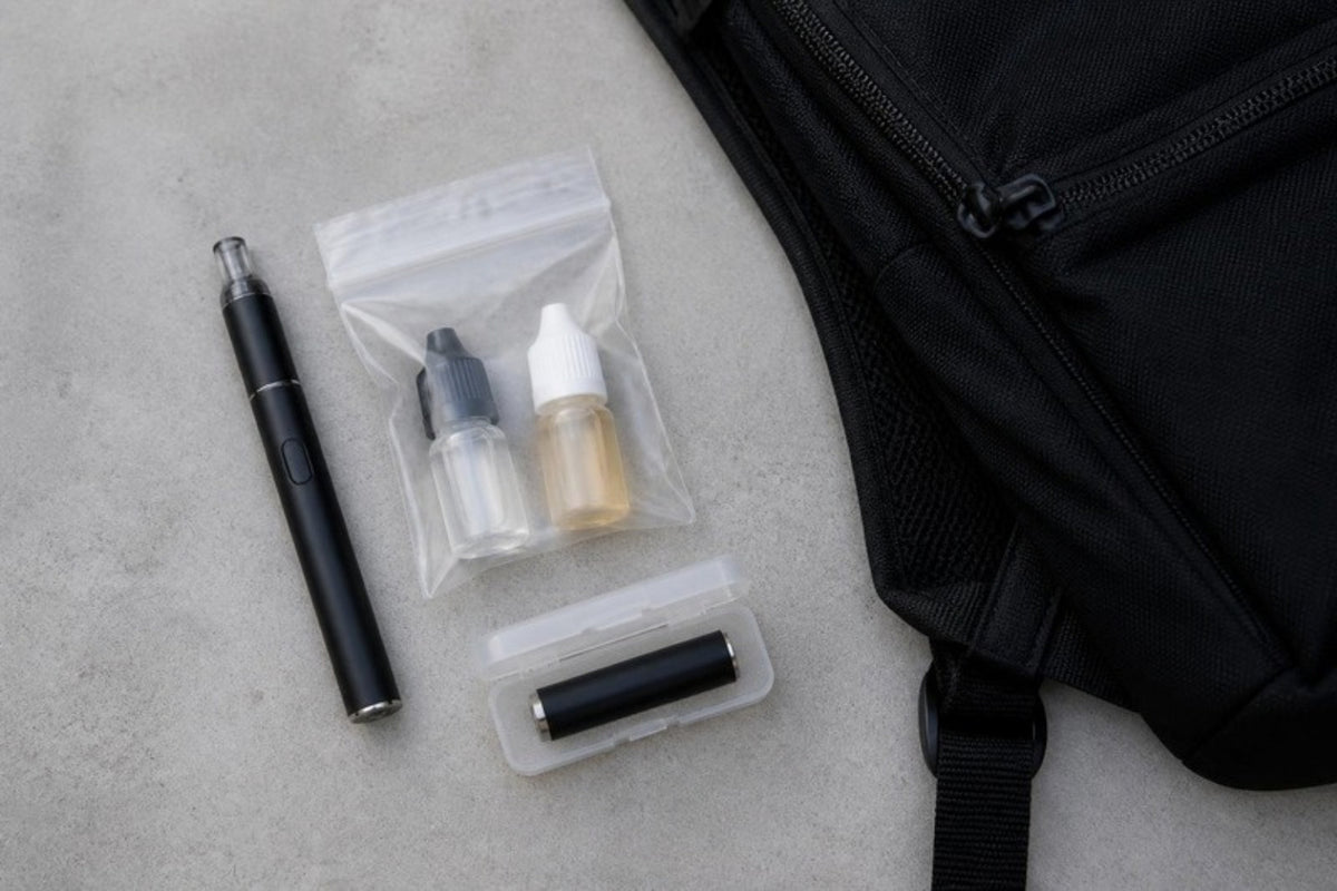 Cigarette électronique, flacons de e-liquide en sachet transparent et batterie près d'un sac cabine