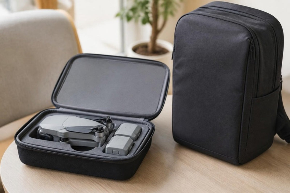 Drone pliable et batteries dans une mallette de transport à côté d'un sac à dos