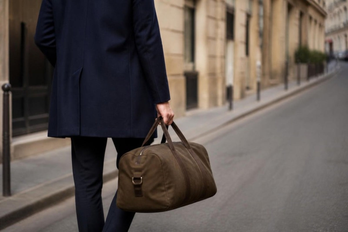 Homme portant un sac de voyage week-end à la main dans une rue