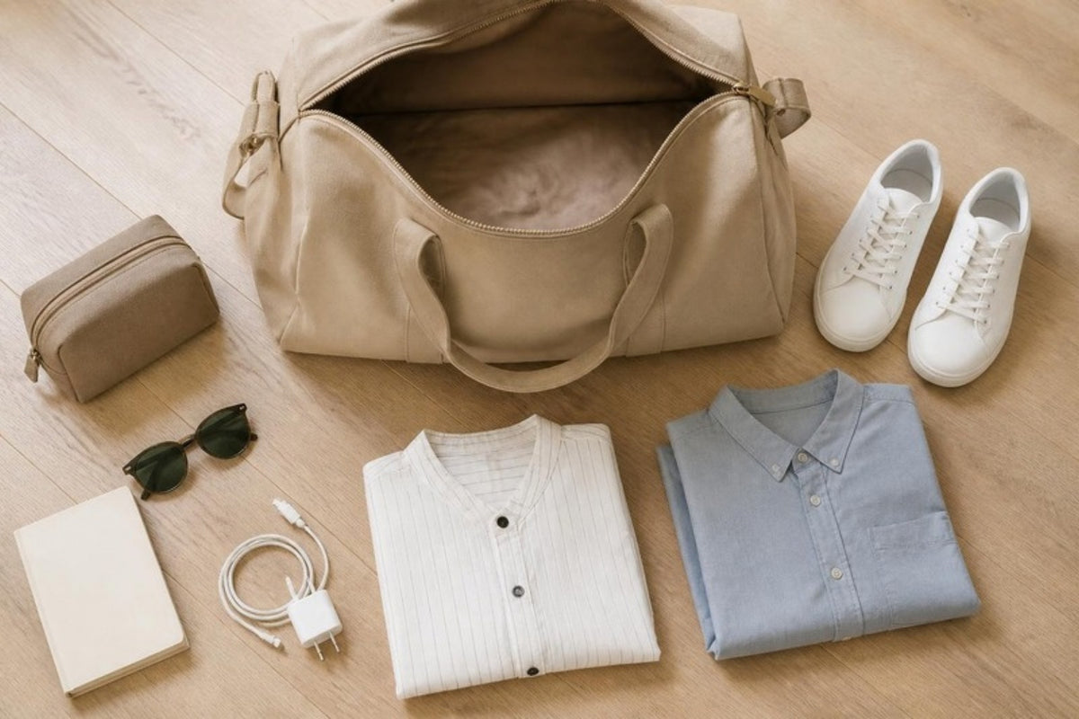 Sac week-end ouvert entouré des affaires à emporter : chemises, baskets, trousse, chargeur