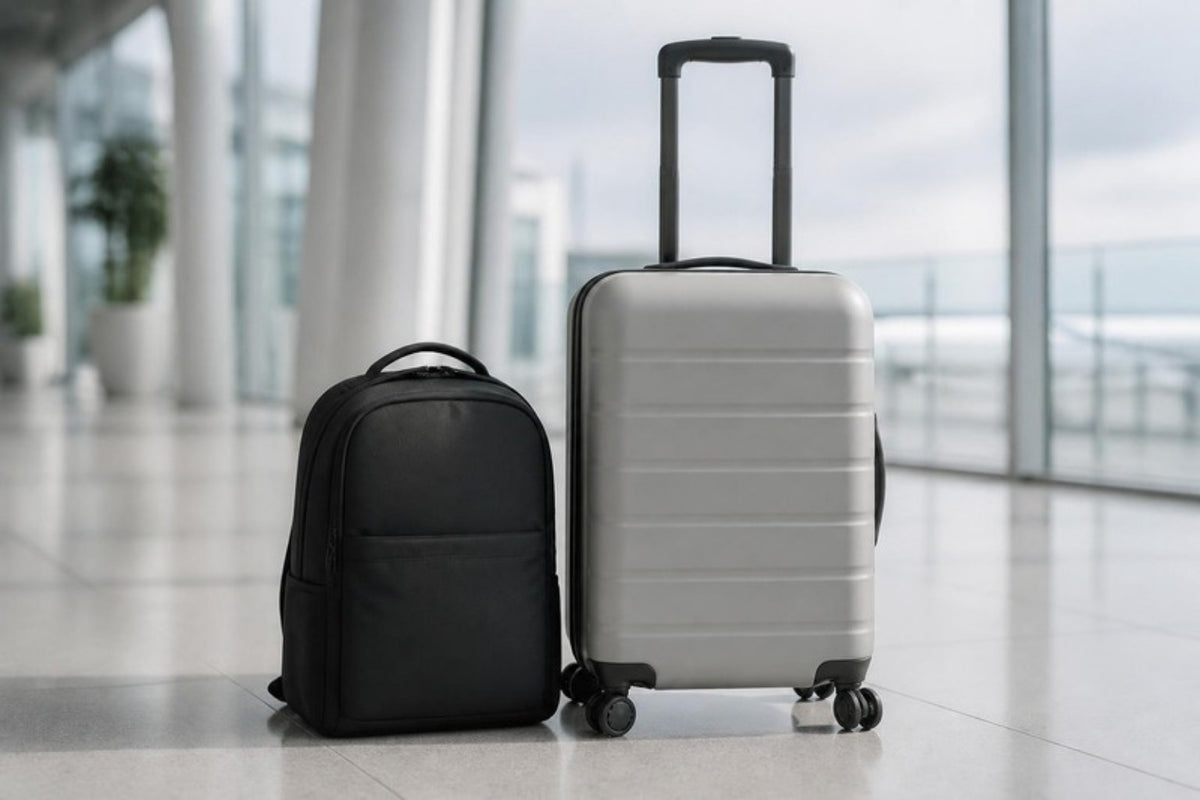 Sac à dos cabine et valise cabine côte à côte dans un aéroport