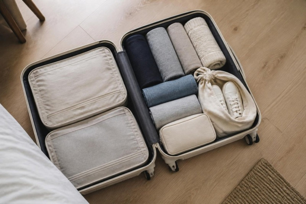 Valise cabine ouverte et rangée pour une semaine avec vêtements roulés et pochettes