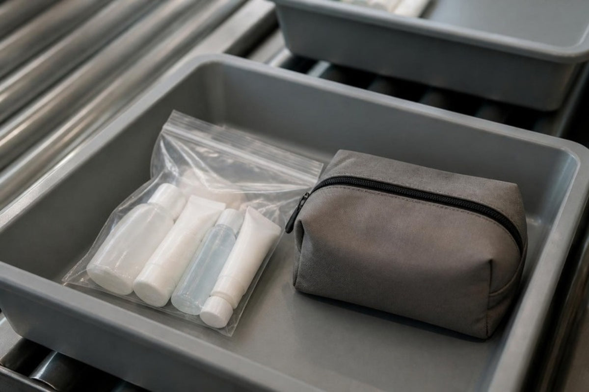 Sachet transparent de flacons de voyage et trousse de toilette dans un bac de contrôle de sécurité