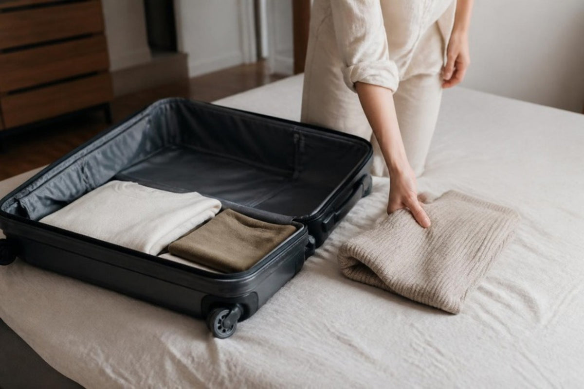 Valise à moitié remplie dont on retire un pull pour ne pas la surcharger