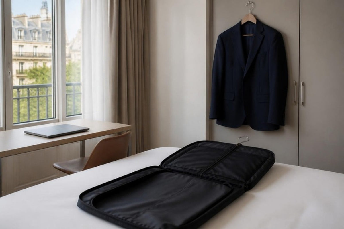 Veste de costume sur cintre et housse de voyage dans une chambre d'hôtel, voyage d'affaires