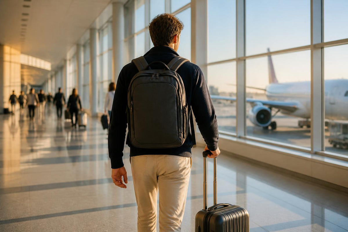 Voyageur à l'aéroport avec un sac à dos cabine, bagage cabine Air France