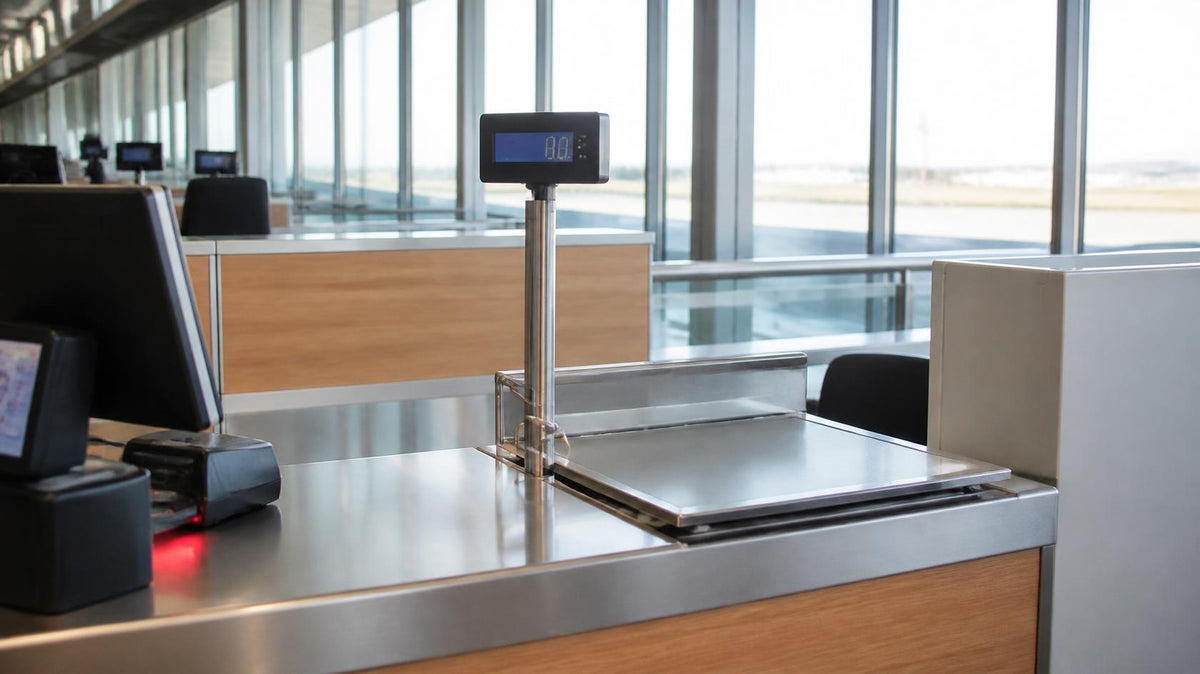 Comptoir d'enregistrement d'un aéroport avec balance pour peser les bagages