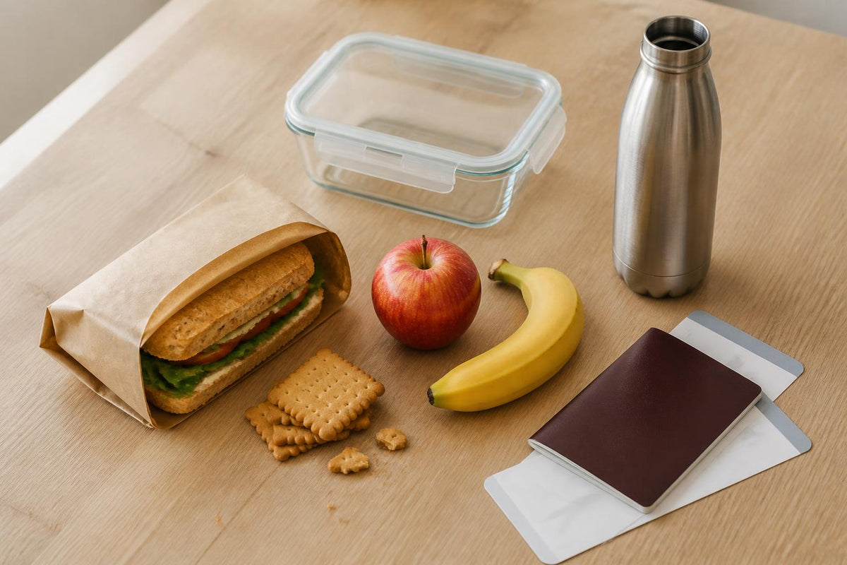 Sandwich, fruits et boîte repas préparés pour un voyage en avion