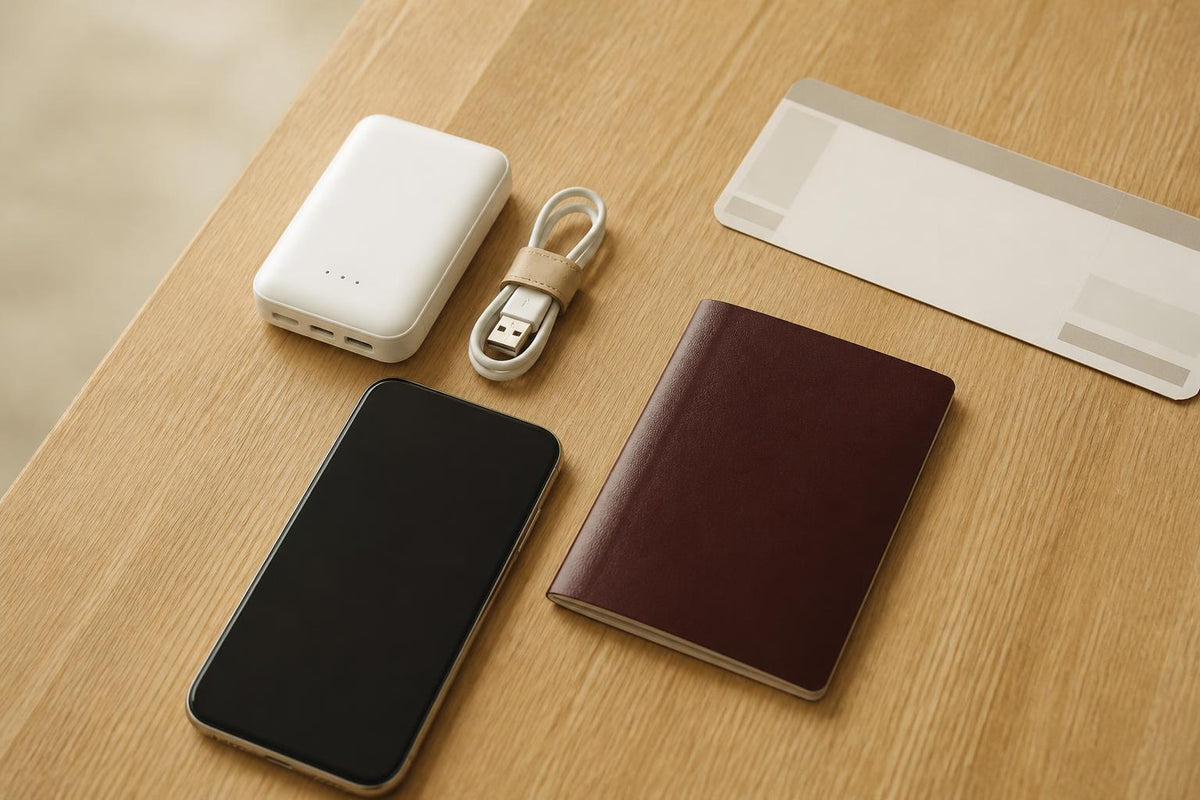 Batterie externe, câble et smartphone posés sur une table avant un voyage en avion