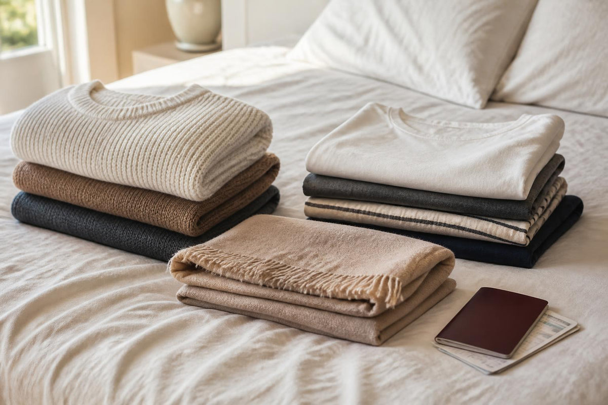 Pulls et t-shirts pliés en piles sur un lit avec un passeport et une carte d'embarquement, préparation d'un voyage