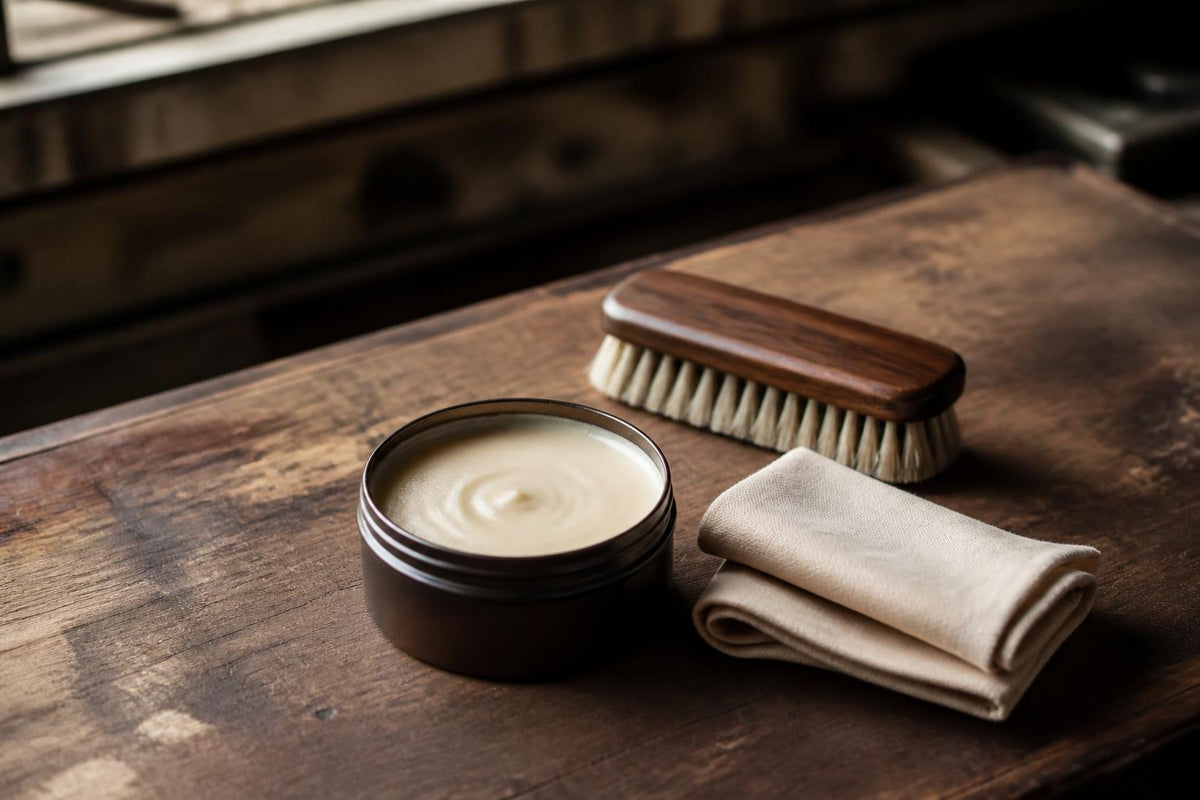 Brosse douce, chiffon et pot de crème pour cuir posés sur une table en bois Image