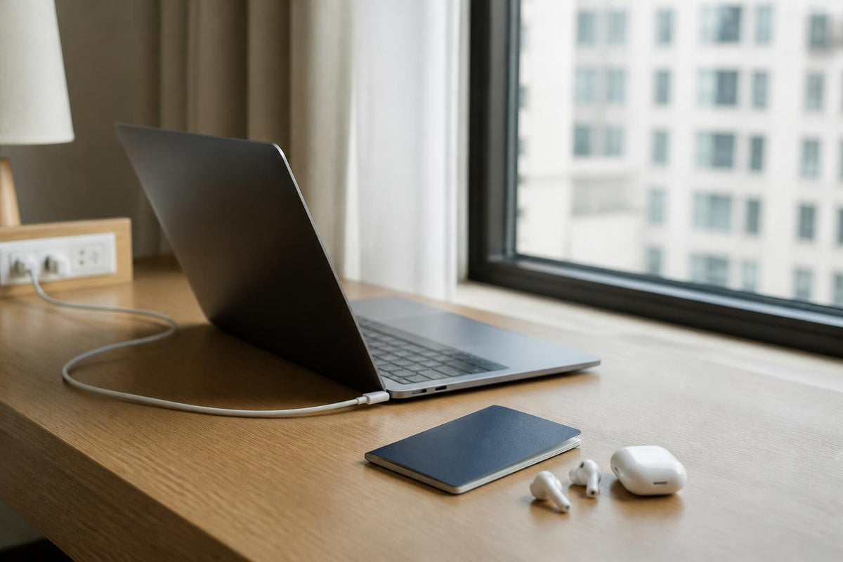 Ordinateur portable, câble de chargement, téléphone et écouteurs posés sur un bureau près d'une fenêtre Image