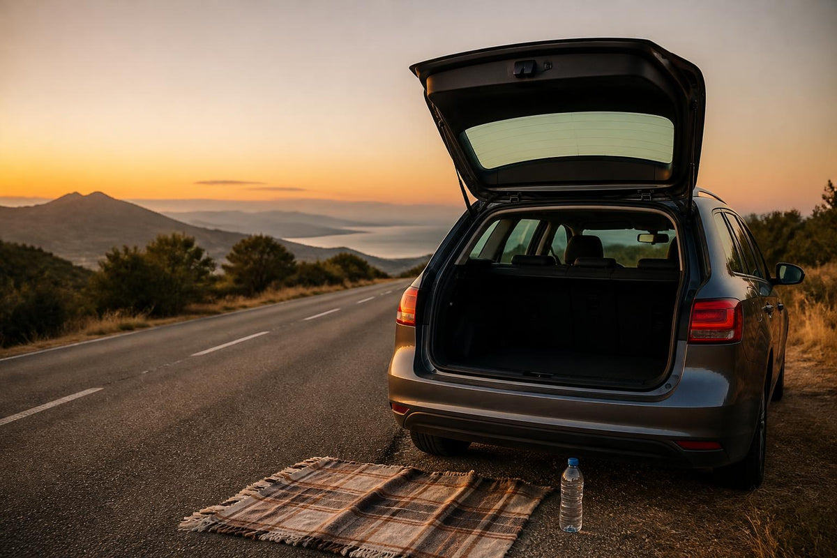 Coffre de voiture ouvert sur une route de campagne au coucher du soleil, avec une couverture et une gourde au sol