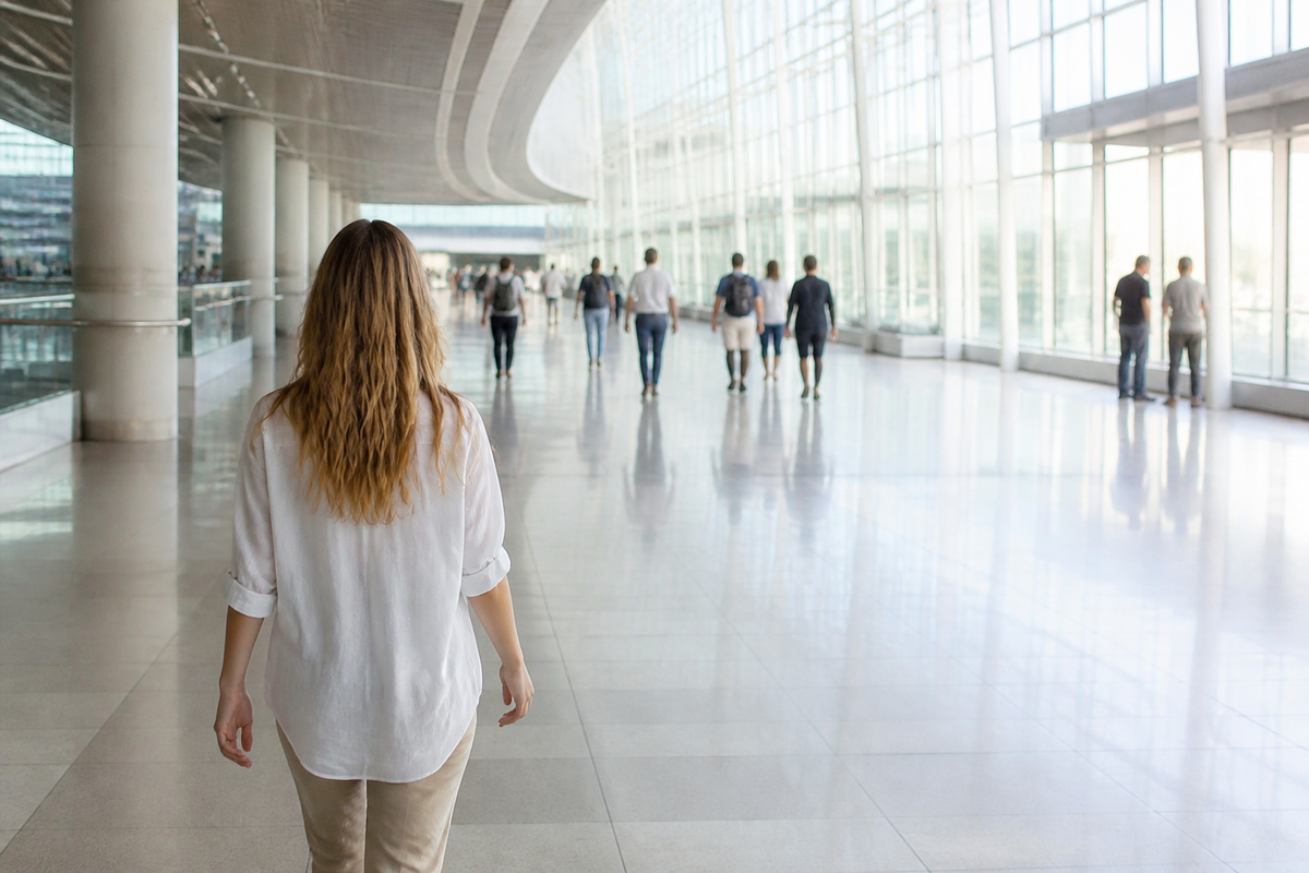 Femme marchant dans le hall lumineux d'un aéroport Image