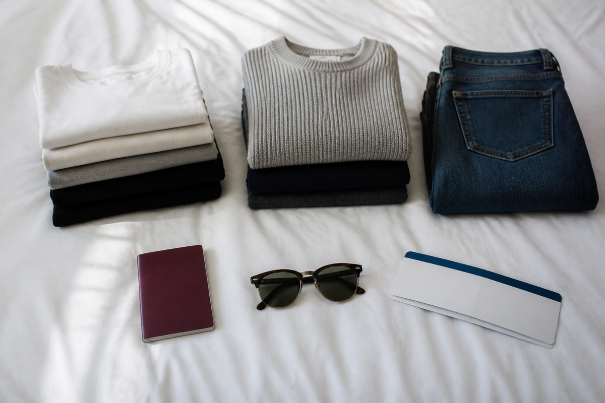 Vêtements pliés en piles, passeport, lunettes de soleil et carte d'embarquement sur un lit, préparation d'un week-end Image