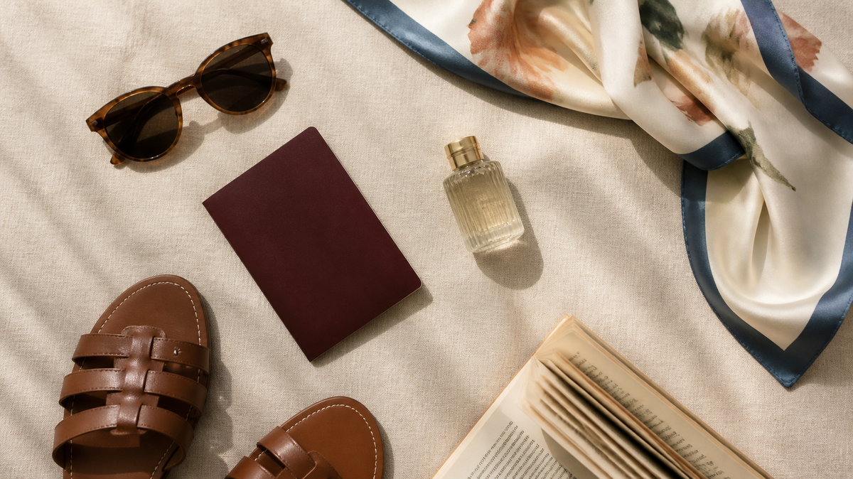 Accessoires de voyage pour un week-end : lunettes de soleil, passeport, foulard, parfum et sandales
