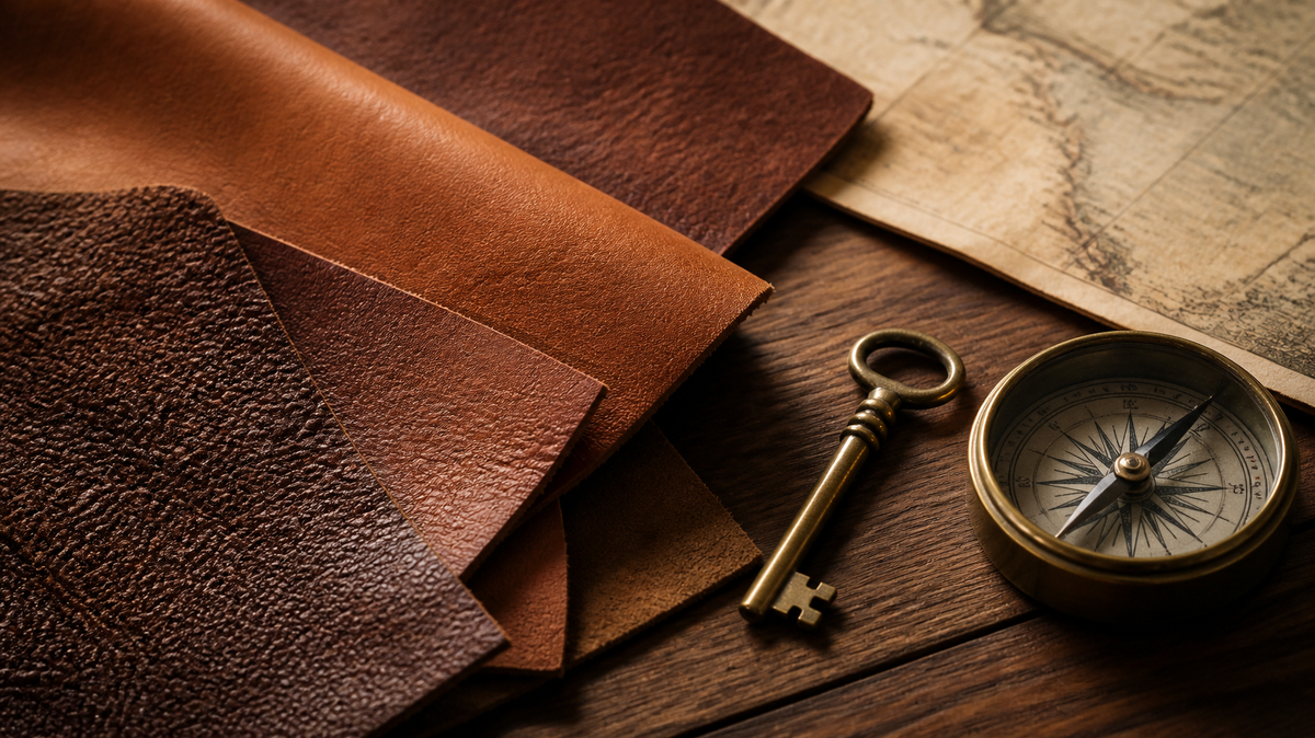 Échantillons de cuir cognac, clé en laiton, boussole et vieille carte sur une table en bois Image