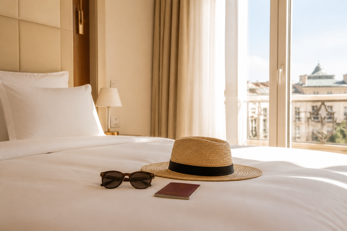 Chapeau de paille, lunettes de soleil et passeport sur un lit d'hôtel avant un voyage