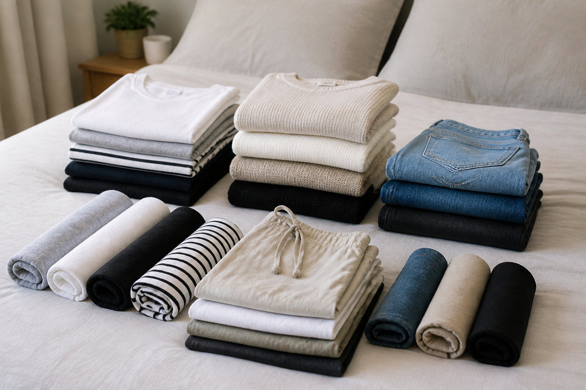 Vêtements pliés et rangés en piles sur un lit pour préparer un voyage