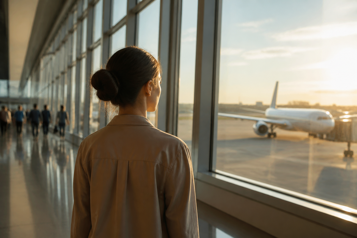 Voyageuse devant la baie vitrée d'un aéroport face à un avion au départ Image