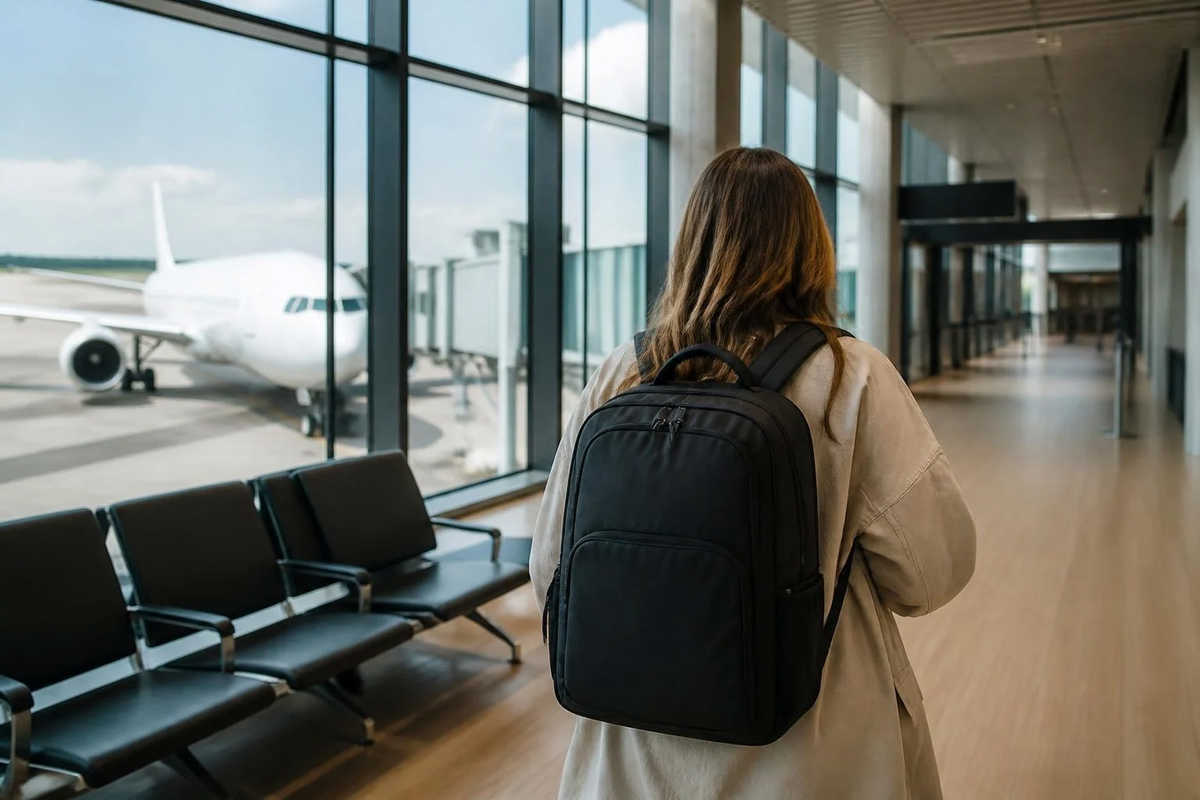 Voyageur à l'aéroport avec un sac à dos cabine, bagage cabine Volotea