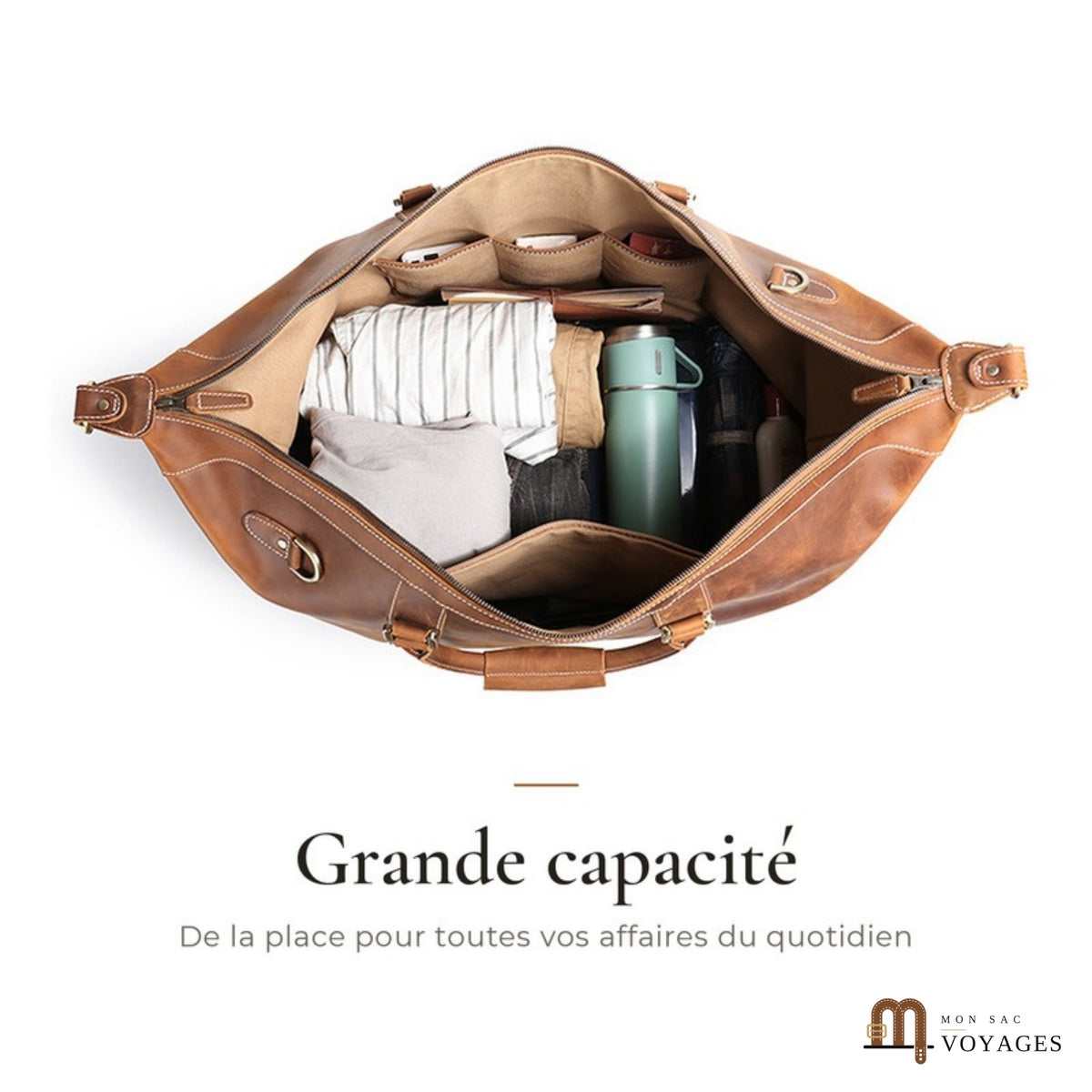Sac de voyage cuir Routard ouvert et rempli pour un week-end