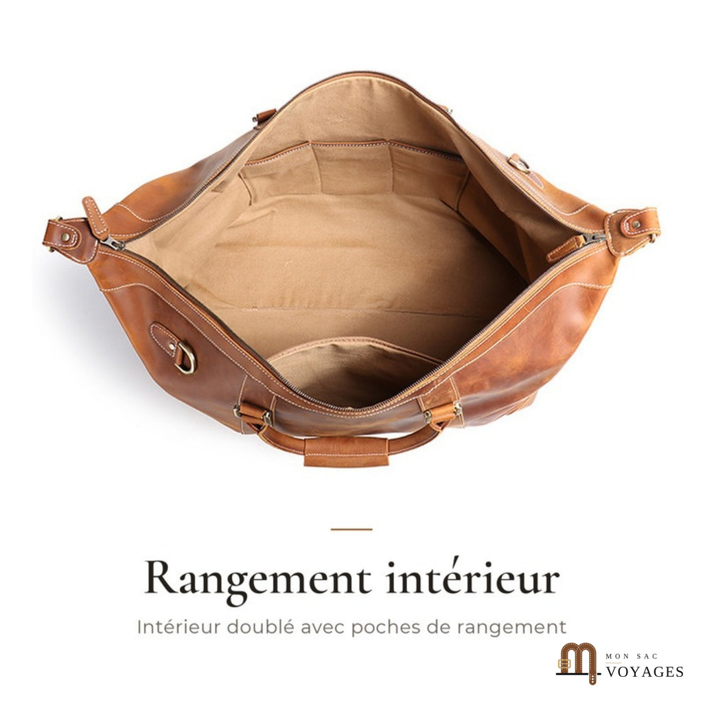 Intérieur doublé du sac de voyage cuir Routard avec poches plaquées