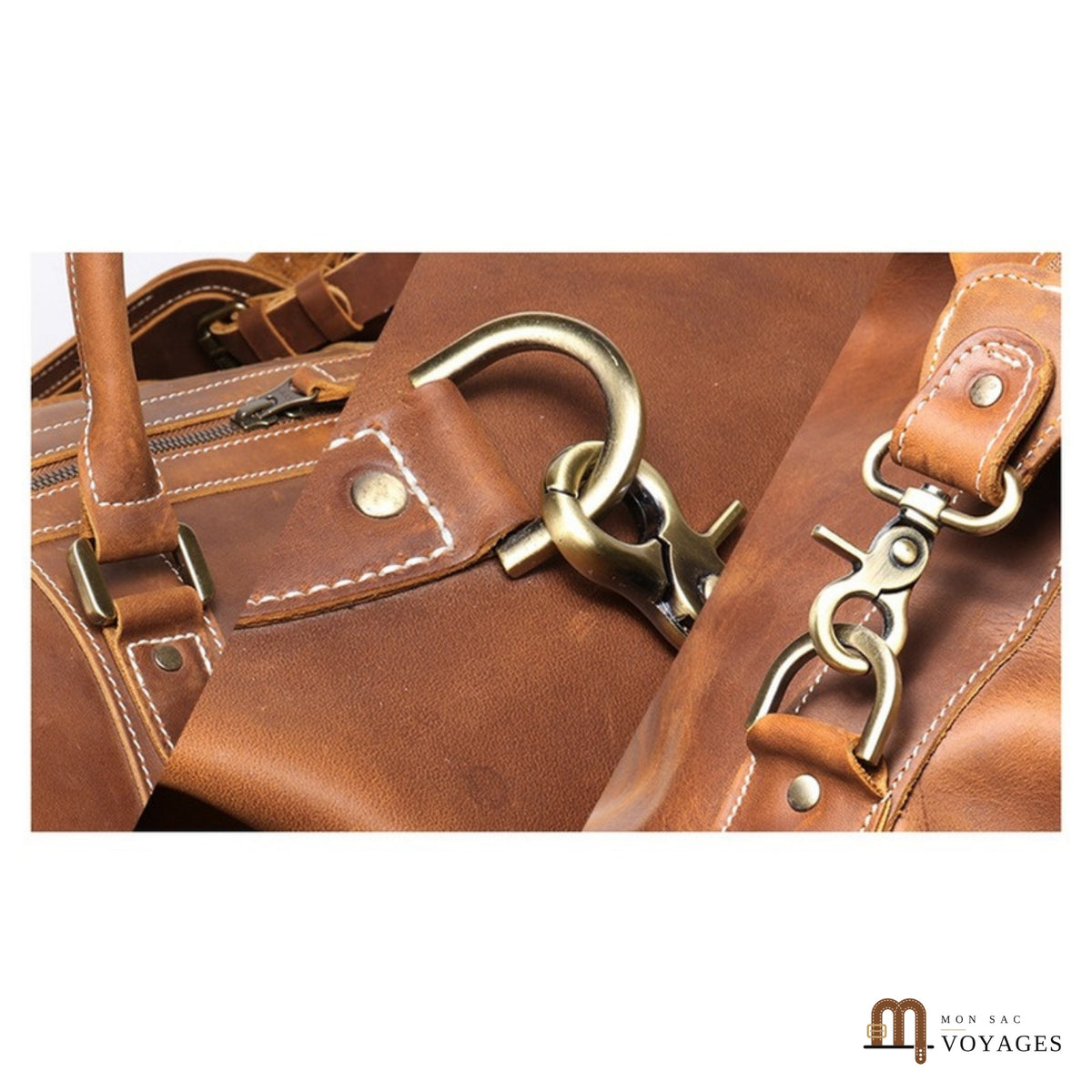 Anses, boucles et mousquetons en métal du sac de voyage cuir Routard