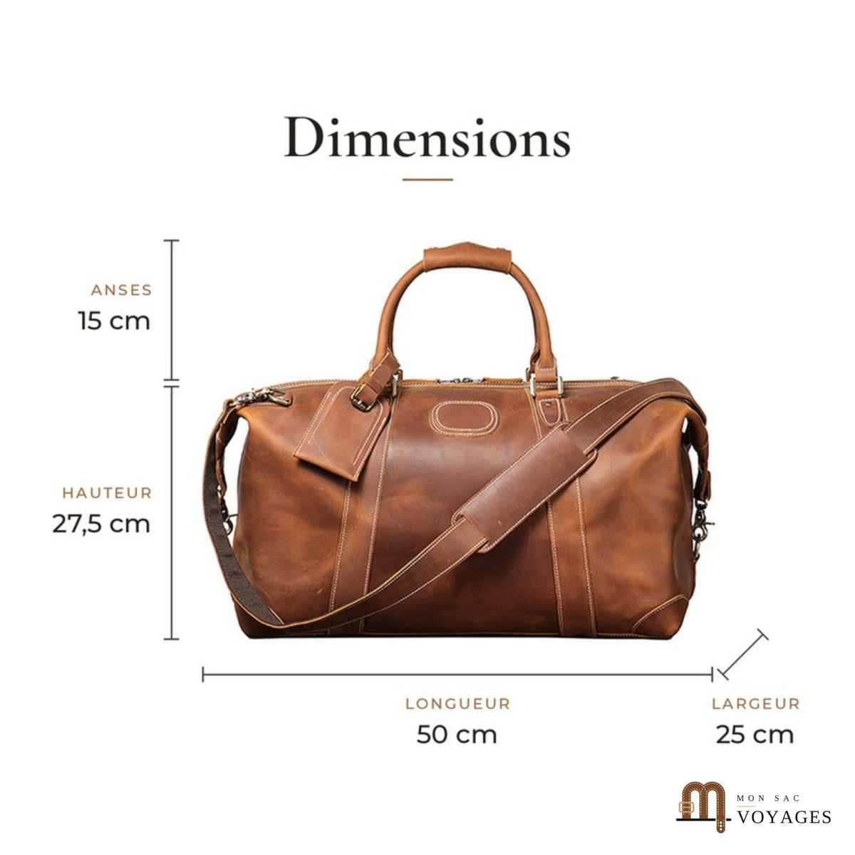 Dimensions du sac de voyage cuir Routard : 50 x 25 x 27,5 cm