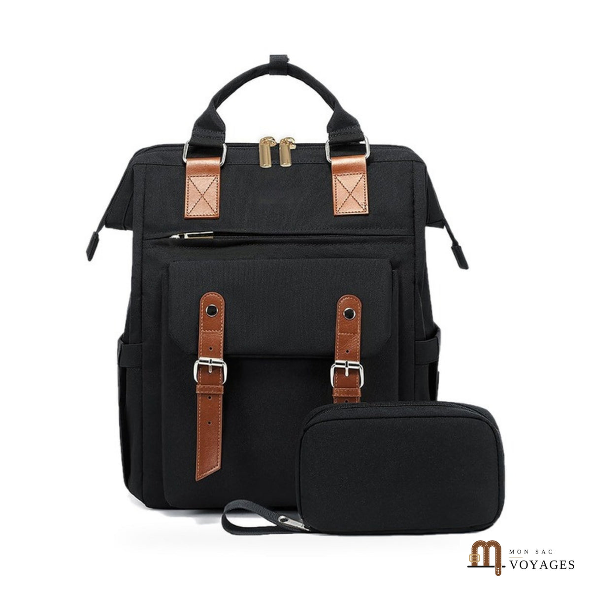 Sac à dos de voyage femme Lisbonne noir et marron avec trousse assortie