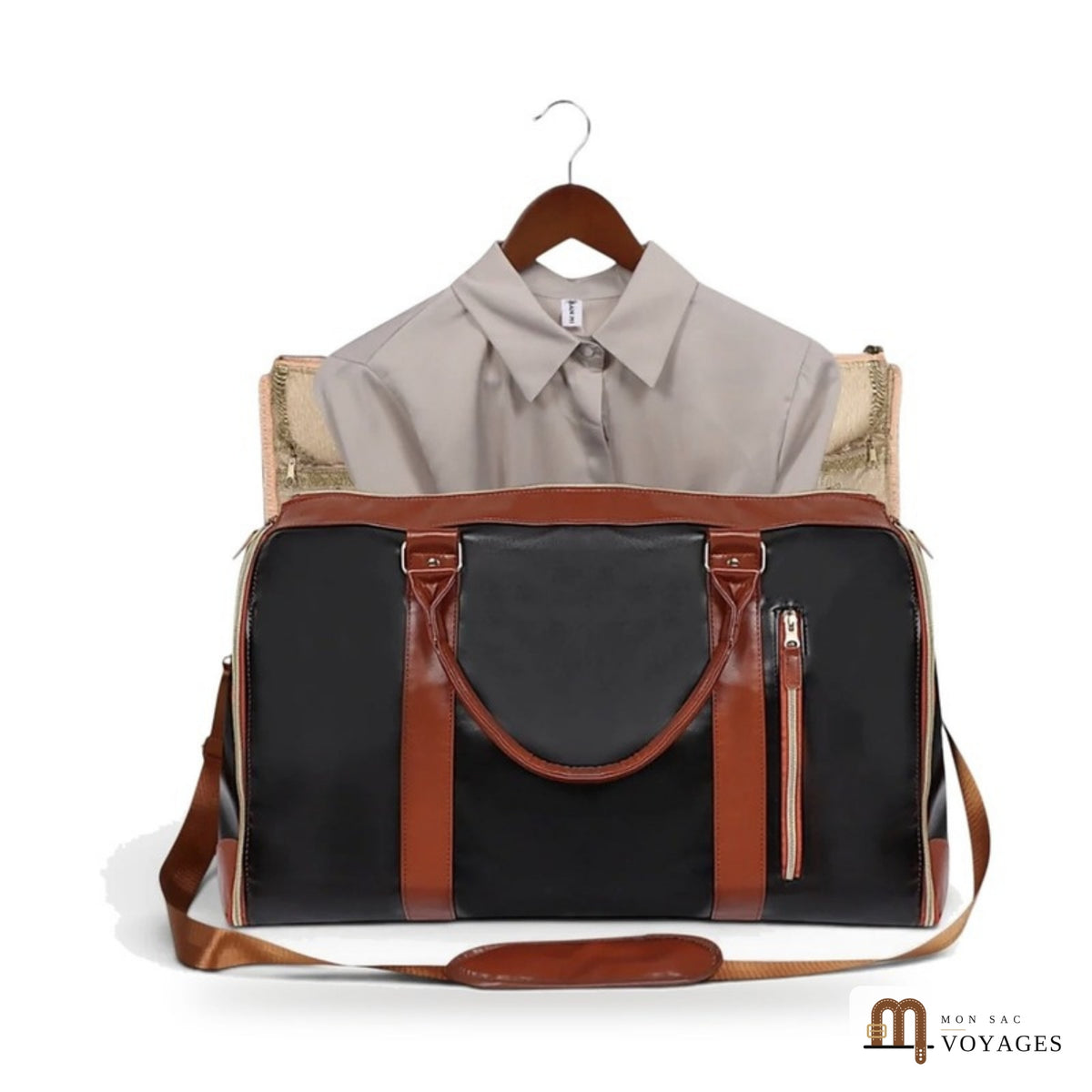 Sac de voyage Diplomate noir ouvert avec chemise sur cintre