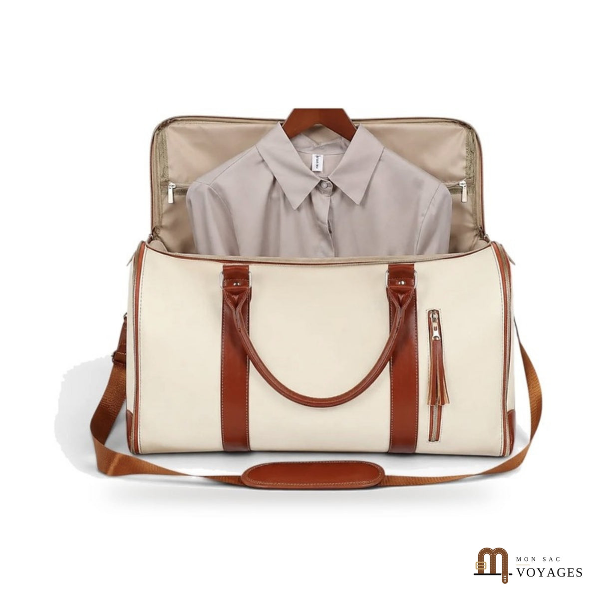 Sac porte-costume Diplomate beige ouvert avec chemise suspendue