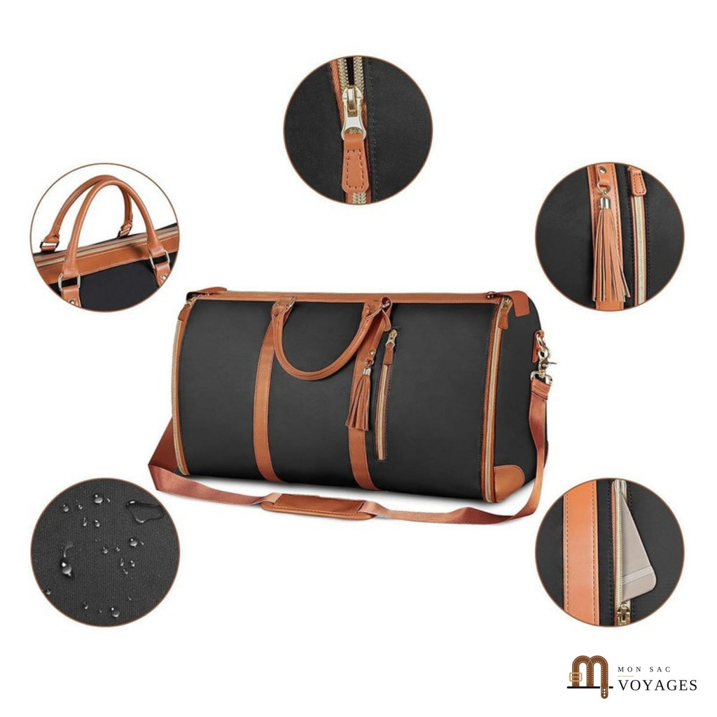 Détails du sac de voyage Diplomate : poche zippée avant et poignées