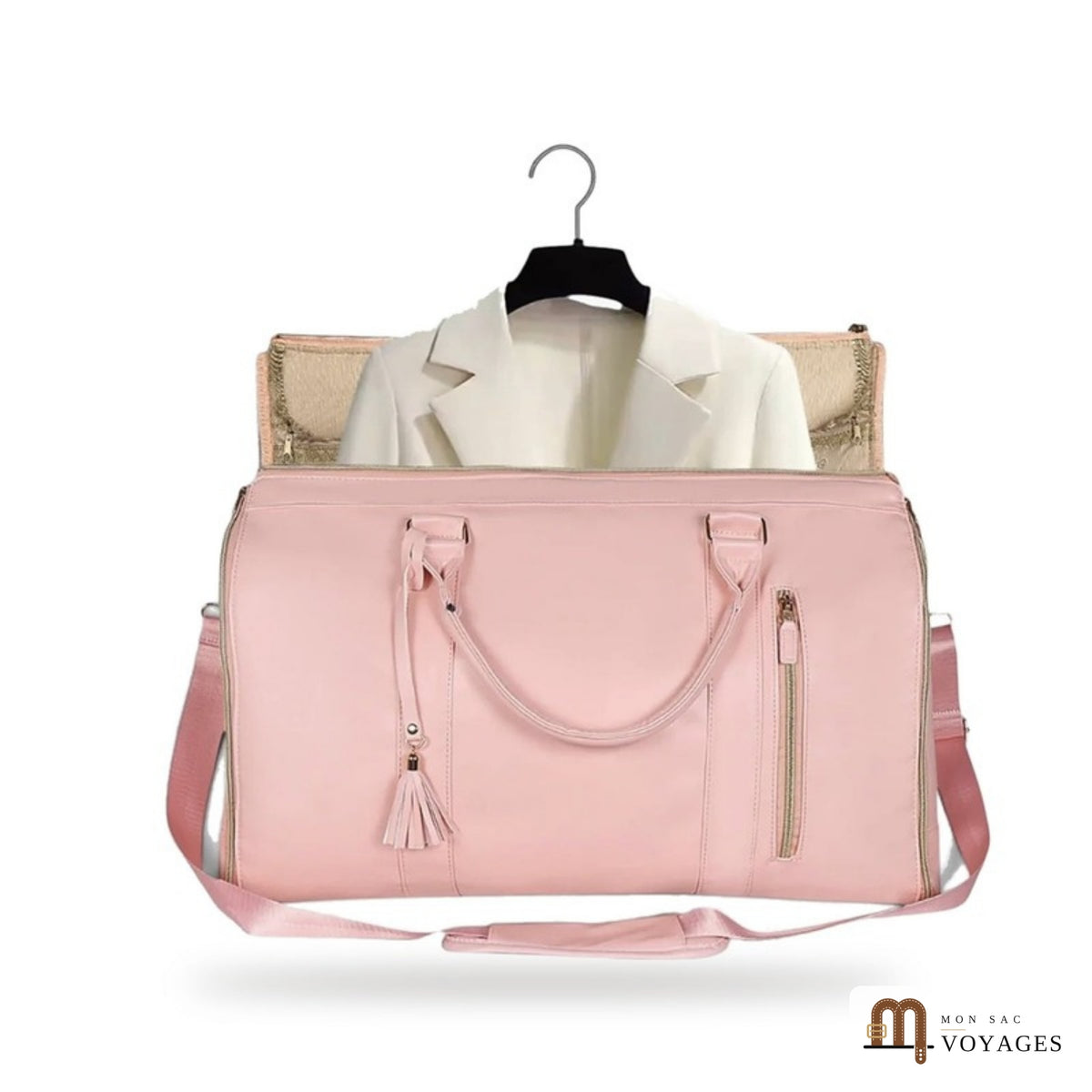 Sac de voyage porte-costume Diplomate rose ouvert avec veste sur cintre