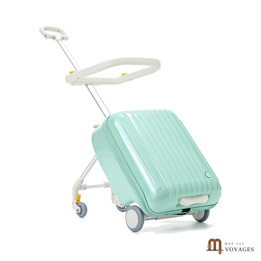 Valise enfant Copilote verte avec siège poussette et barrière de protection