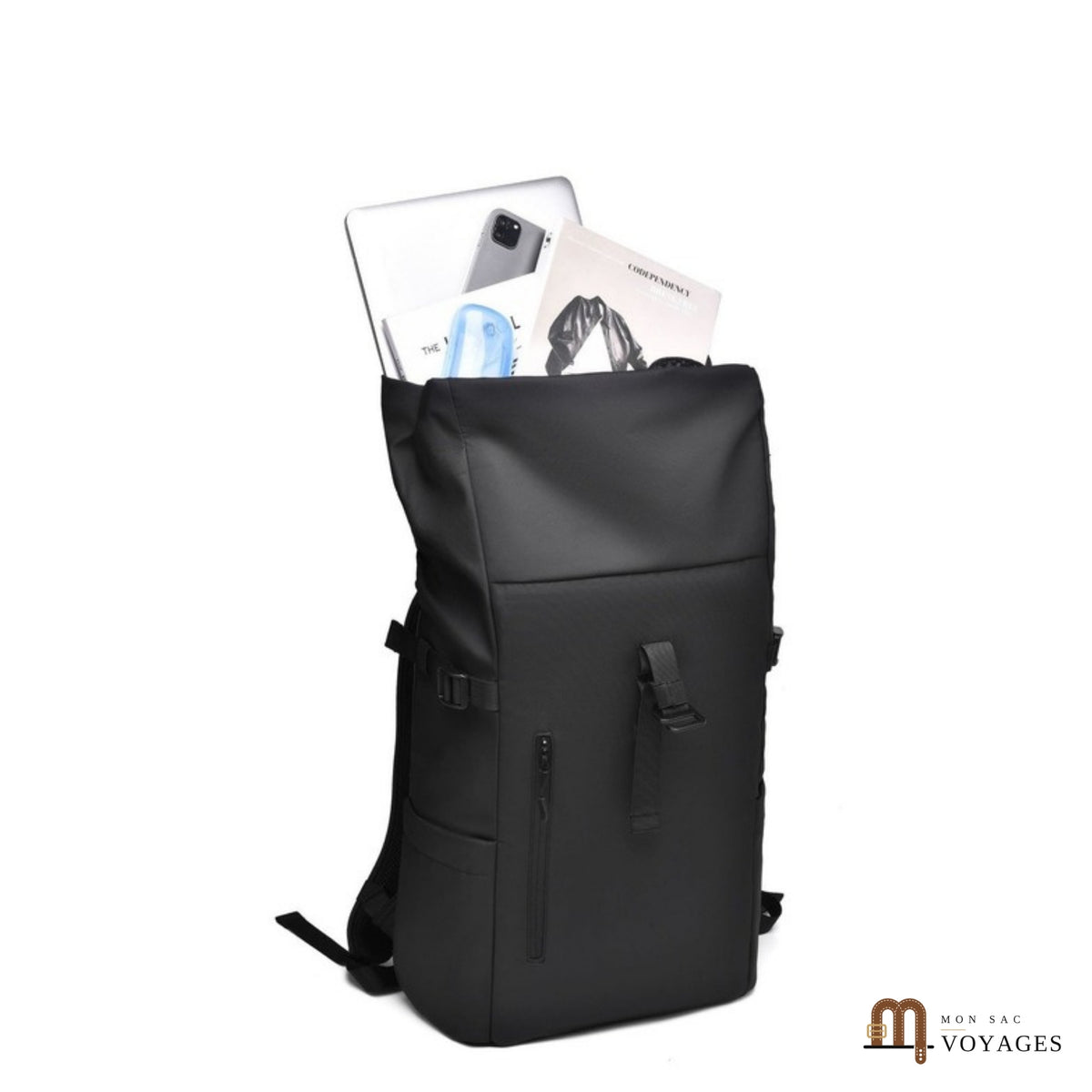 Sac à dos Citadin roll-top déroulé avec tablette et documents