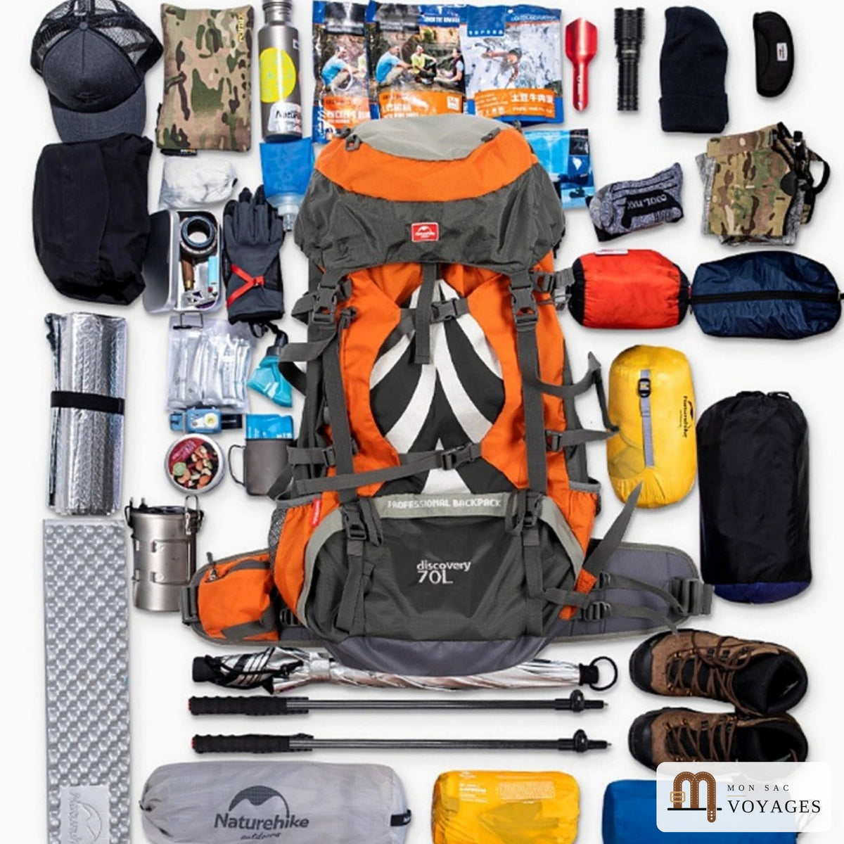 Sac à dos de voyage 70 L Sentier entouré d'équipement de trek