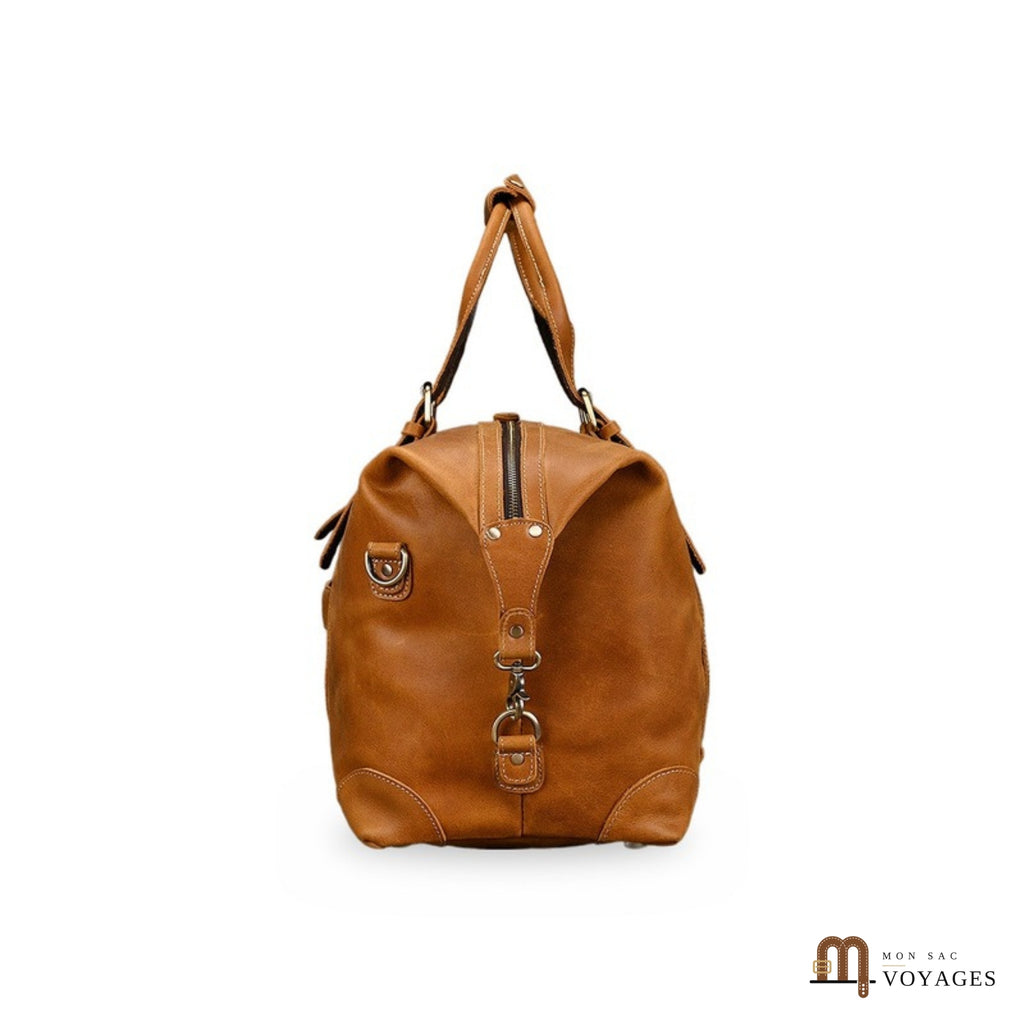 Profil du sac week-end cuir camel avec mousqueton
