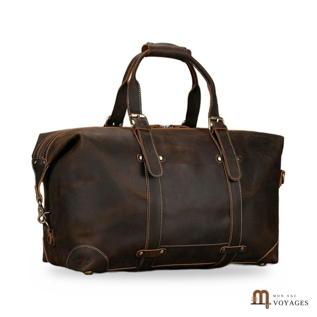 Sac week-end cuir marron foncé vu de trois-quarts