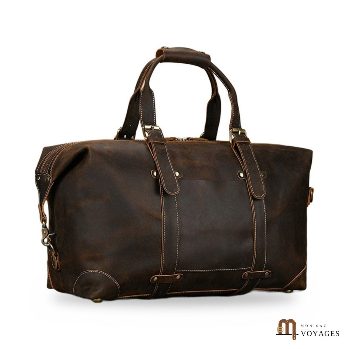 Sac week-end cuir marron foncé vu de trois-quarts
