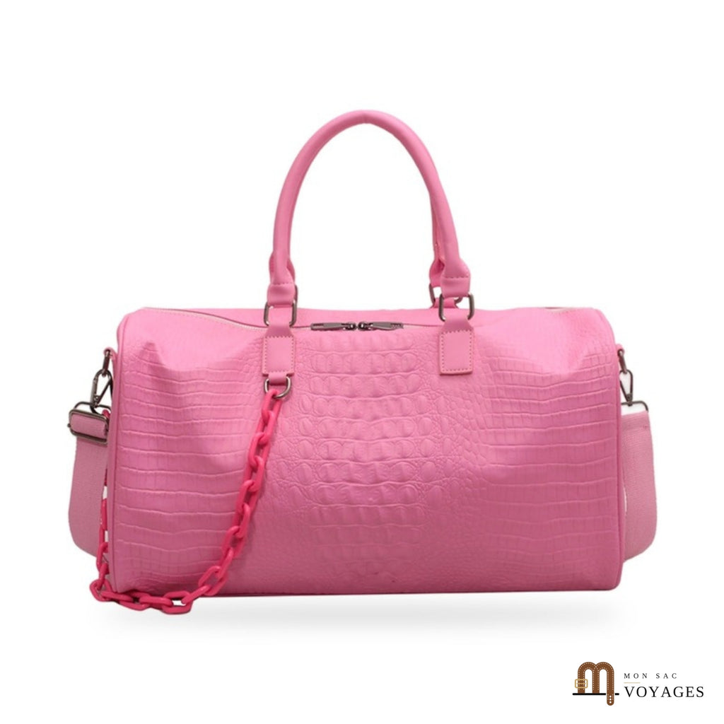 Sac de voyage week-end Croisette rose effet croco avec chaîne et bandoulière