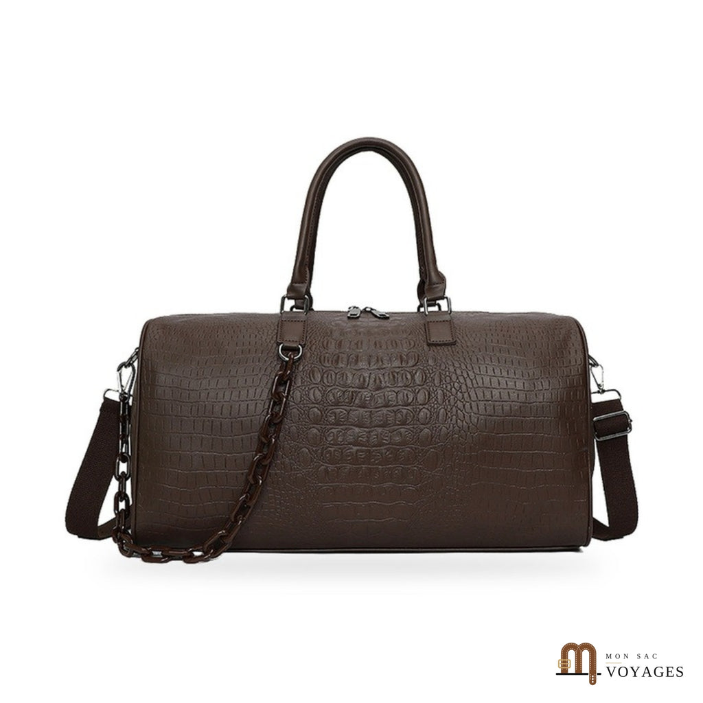 Sac de voyage week-end Croisette marron effet croco avec chaîne et bandoulière