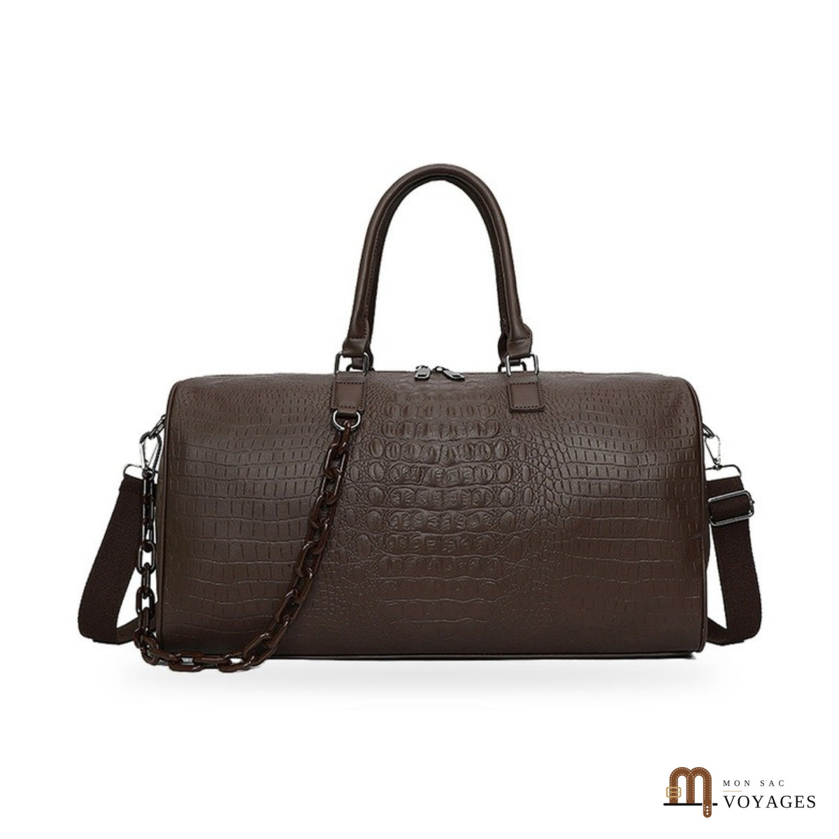 Sac de voyage week-end Croisette marron effet croco avec chaîne et bandoulière