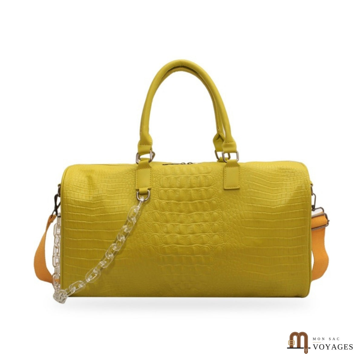 Sac de voyage week-end Croisette jaune effet croco avec chaîne transparente et bandoulière moutarde