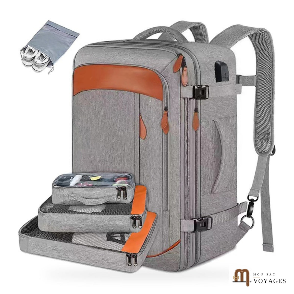 Sac à dos cabine Horizon 42 L coloris gris avec 3 cubes de rangement et sac à chaussures