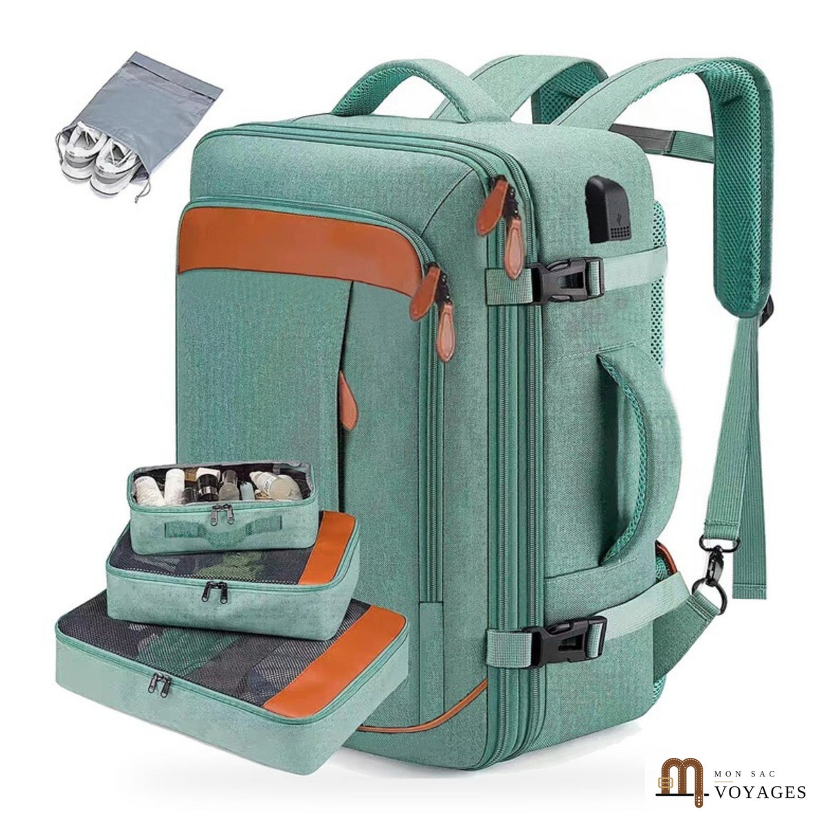 Sac à dos cabine Horizon 42 L coloris vert avec 3 cubes de rangement et sac à chaussures
