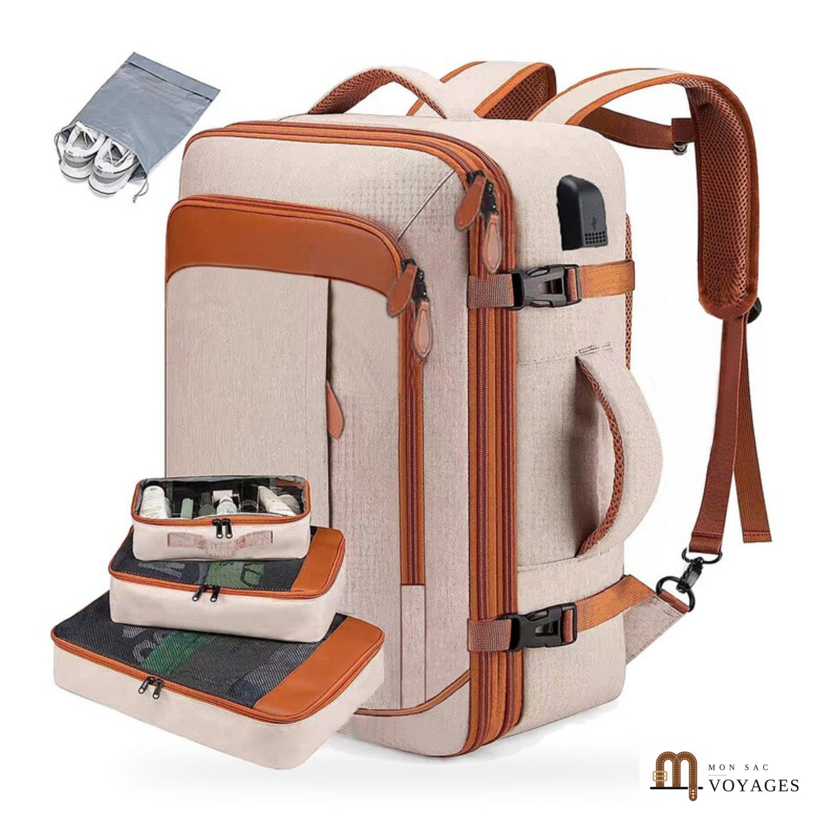 Sac à dos cabine Horizon 42 L coloris beige avec 3 cubes de rangement et sac à chaussures